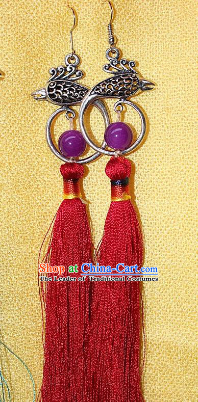 Traditional Chinese Miao Nationality Crafts Jewelry Accessory Classical Earbob Accessories, Hmong Handmade Miao Silver Phoenix Palace Lady Red Silk Tassel Earrings, Miao Ethnic Minority Eardrop for Women