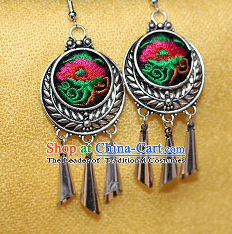 Traditional Chinese Miao Nationality Crafts Jewelry Accessory Classical Earbob Accessories, Hmong Handmade Miao Silver Embroidery Bells Tassel Palace Lady Earrings, Miao Ethnic Minority Eardrop for Women