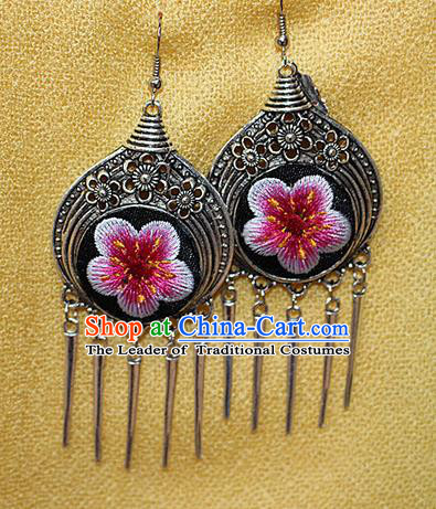 Traditional Chinese Miao Nationality Crafts Jewelry Accessory Classical Earbob Accessories, Hmong Handmade Miao Silver Embroidery Bells Tassel Palace Lady Earrings, Miao Ethnic Minority Eardrop for Women