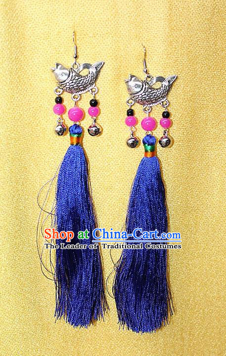 Traditional Chinese Miao Nationality Crafts Jewelry Accessory Classical Earbob Accessories, Hmong Handmade Miao Silver Fish Palace Lady Royalblue Silk Tassel Earrings, Miao Ethnic Minority Eardrop for Women