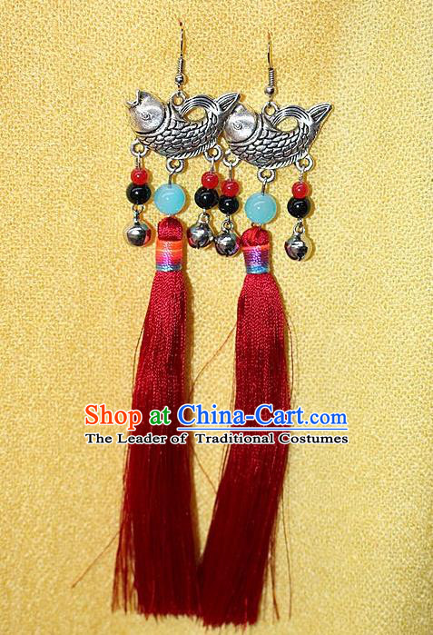 Traditional Chinese Miao Nationality Crafts Jewelry Accessory Classical Earbob Accessories, Hmong Handmade Miao Silver Fish Palace Lady Red Silk Tassel Earrings, Miao Ethnic Minority Eardrop for Women