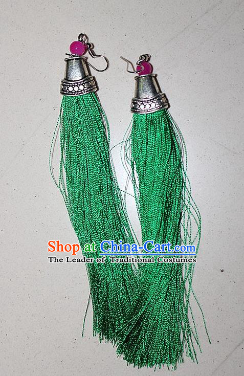 Traditional Chinese Miao Nationality Crafts Jewelry Accessory Classical Earbob Accessories, Hmong Handmade Palace Lady Green Silk Tassel Earrings, Miao Ethnic Minority Eardrop for Women