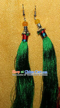 Traditional Chinese Miao Nationality Crafts Jewelry Accessory Classical Earbob Accessories, Hmong Handmade Palace Lady Green Silk Tassel Earrings, Miao Ethnic Minority Eardrop for Women