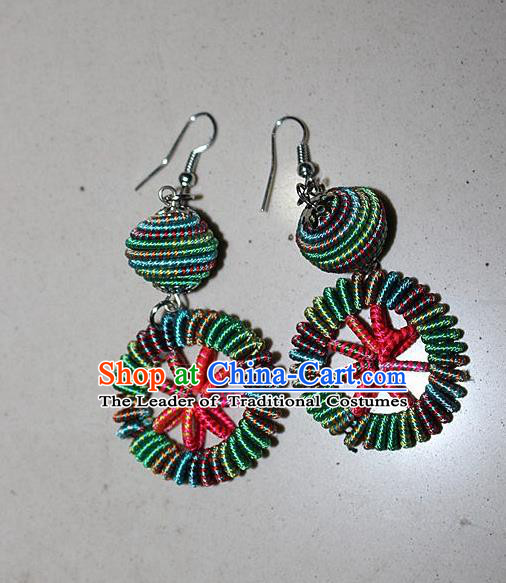 Traditional Chinese Miao Nationality Crafts Jewelry Accessory Classical Earbob Accessories, Hmong Handmade Kinking Palace Lady Round Earrings, Miao Ethnic Minority Weave Eardrop for Women