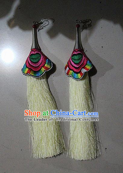 Traditional Chinese Miao Nationality Crafts Jewelry Accessory Classical Earbob Accessories, Hmong Handmade Embroidery Palace Lady Yellow Silk Tassel Earrings, Miao Ethnic Minority Eardrop for Women