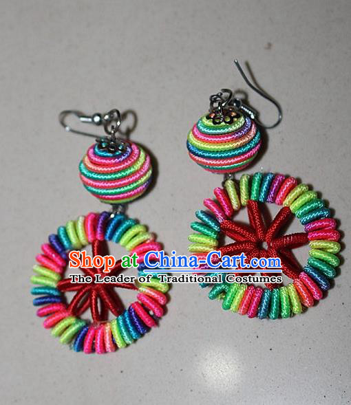 Traditional Chinese Miao Nationality Crafts Jewelry Accessory Classical Earbob Accessories, Hmong Handmade Kinking Palace Lady Round Earrings, Miao Ethnic Minority Weave Eardrop for Women