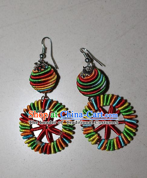 Traditional Chinese Miao Nationality Crafts Jewelry Accessory Classical Earbob Accessories, Hmong Handmade Kinking Palace Lady Round Earrings, Miao Ethnic Minority Weave Eardrop for Women