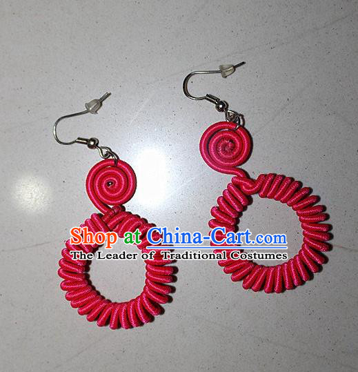Traditional Chinese Miao Nationality Crafts Jewelry Accessory Classical Earbob Accessories, Hmong Handmade Kinking Palace Lady Annulus Earrings, Miao Ethnic Minority Weave Eardrop for Women