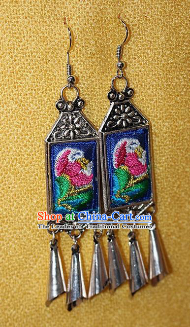 Traditional Chinese Miao Nationality Crafts Jewelry Accessory Classical Earbob Accessories, Hmong Handmade Miao Silver Palace Lady Tassel Embroidery Flowers Earrings, Miao Ethnic Minority Eardrop for Women