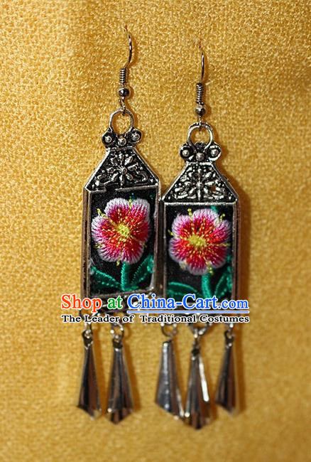 Traditional Chinese Miao Nationality Crafts Jewelry Accessory Classical Earbob Accessories, Hmong Handmade Miao Silver Palace Lady Tassel Embroidery Flowers Earrings, Miao Ethnic Minority Eardrop for Women