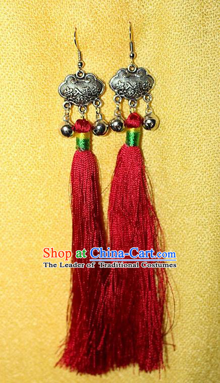 Traditional Chinese Miao Nationality Crafts Jewelry Accessory Classical Earbob Accessories, Hmong Handmade Miao Silver Longevity Lock Palace Lady Red Silk Tassel Earrings, Miao Ethnic Minority Eardrop for Women