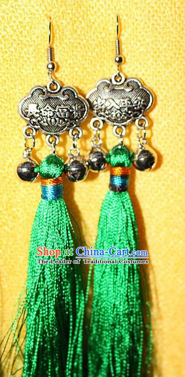 Traditional Chinese Miao Nationality Crafts Jewelry Accessory Classical Earbob Accessories, Hmong Handmade Miao Silver Longevity Lock Palace Lady Green Silk Tassel Earrings, Miao Ethnic Minority Eardrop for Women