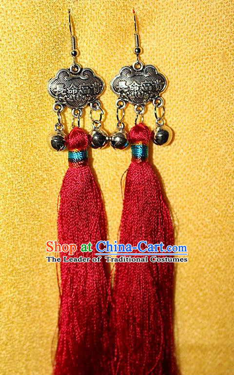 Traditional Chinese Miao Nationality Crafts Jewelry Accessory Classical Earbob Accessories, Hmong Handmade Miao Silver Longevity Lock Palace Lady Red Silk Tassel Earrings, Miao Ethnic Minority Eardrop for Women