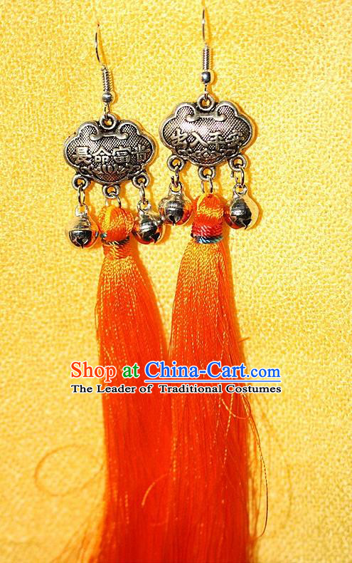 Traditional Chinese Miao Nationality Crafts Jewelry Accessory Classical Earbob Accessories, Hmong Handmade Miao Silver Longevity Lock Palace Lady Silk Tassel Earrings, Miao Ethnic Minority Eardrop for Women