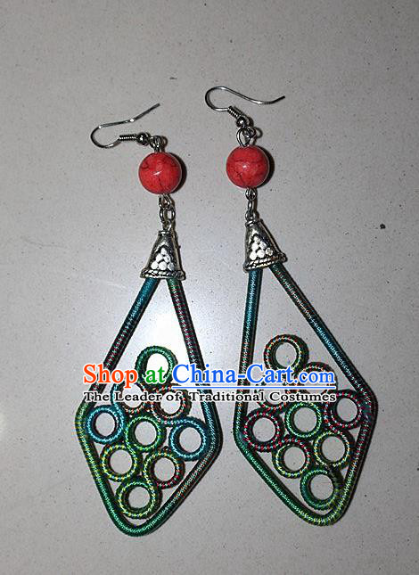 Traditional Chinese Miao Nationality Crafts Jewelry Accessory Classical Earbob Accessories, Hmong Handmade Kinking Palace Lady Earrings, Miao Ethnic Minority Weave Eardrop for Women