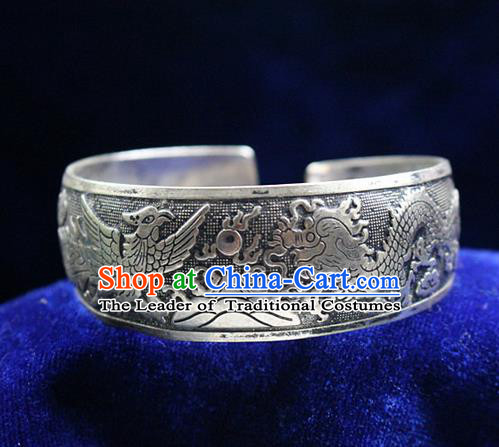 Traditional Chinese Miao Nationality Crafts Jewelry Accessory Bangle, Hmong Handmade Miao Silver Dragon Phoenix Bracelet, Miao Ethnic Minority Silver Bracelet Accessories for Women