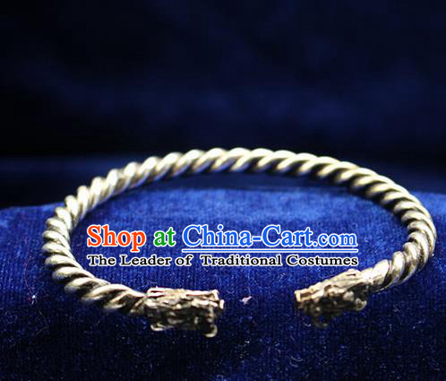 Traditional Chinese Miao Nationality Crafts Jewelry Accessory Bangle, Hmong Handmade Miao Silver Dragon Bracelet, Miao Ethnic Minority Silver Bracelet Accessories for Women