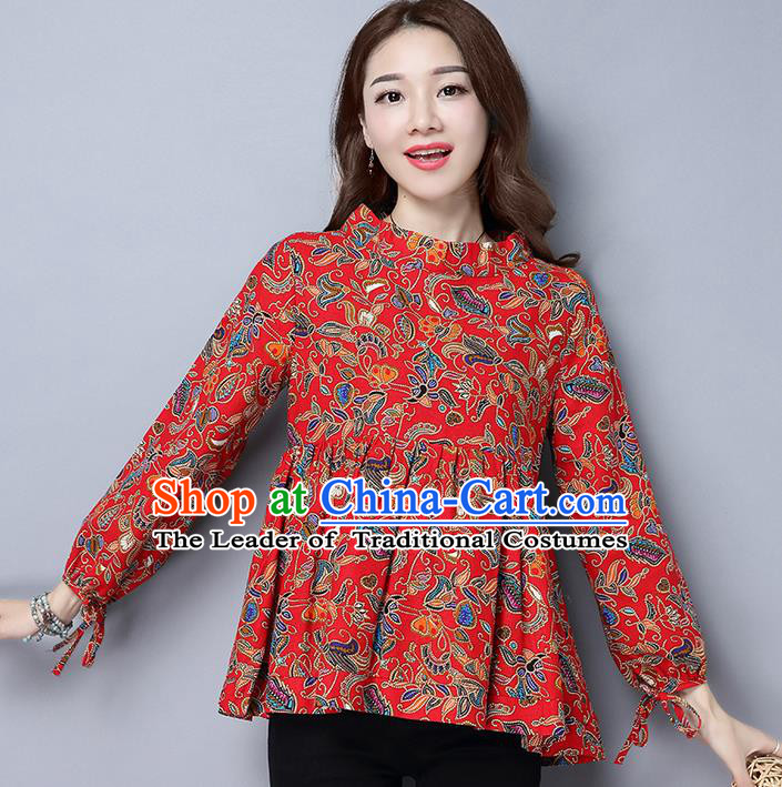 Traditional Ancient Chinese National Costume, Elegant Hanfu Puff Sleeve Qipao Shirt, China Tang Suit Red Blouse Cheongsam Upper Outer Garment Shirts Clothing for Women