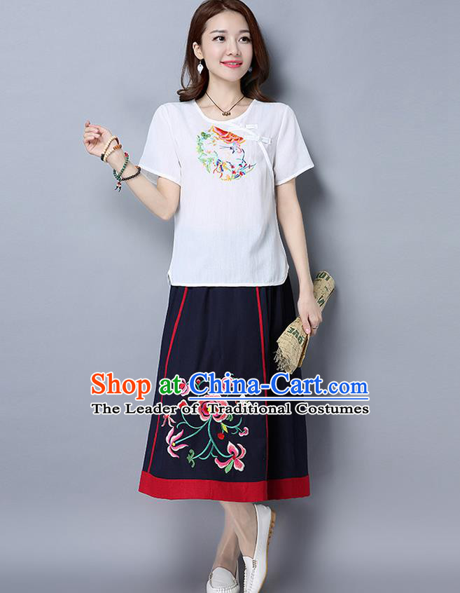 Traditional Ancient Chinese National Pleated Skirt Costume, Elegant Hanfu Embroidered Big Swing Long Dress, China Tang Suit Cotton Navy Bust Skirt for Women