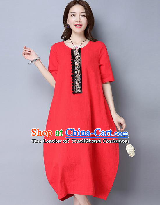 Traditional Ancient Chinese National Costume, Elegant Hanfu Linen Red Embroidery Dress, China Tang Suit Cheongsam Upper Outer Garment Elegant Dress Clothing for Women