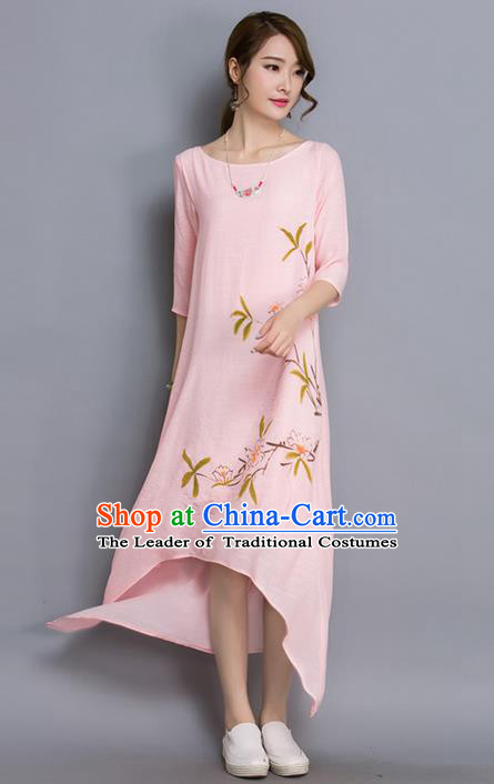 Traditional Ancient Chinese National Costume, Elegant Hanfu Linen Printing Irregularity Pink Dress, China Tang Suit Cheongsam Upper Outer Garment Elegant Dress Clothing for Women