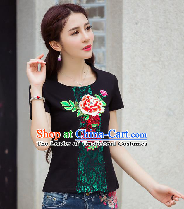 Traditional Ancient Chinese National Costume, Elegant Hanfu Embroidered Peony Flowers Black T-Shirt, China Tang Suit Short Sleeve Blouse Cheongsam Qipao Shirts Clothing for Women