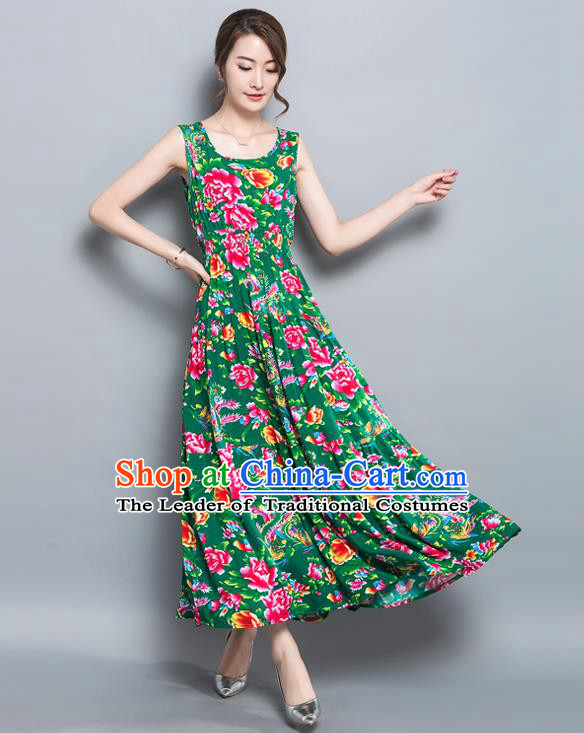 Traditional Ancient Chinese National Costume, Elegant Hanfu North East Style Peony Flowers Dress, China Tang Suit Sleeveless Vest Long Skirt Upper Outer Garment Elegant Green Dress Clothing for Women