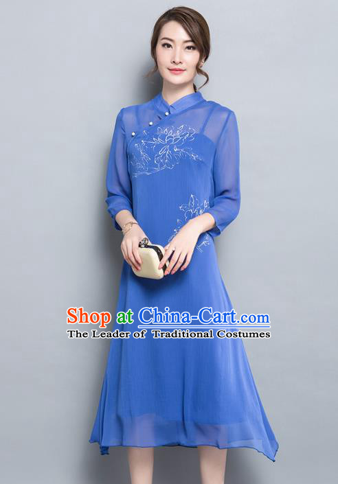 Traditional Ancient Chinese National Costume, Elegant Hanfu Hand Painting Mandarin Qipao Chiffon Two-Piece Dress, China Tang Suit Cheongsam Upper Outer Garment Elegant Blue Dress Clothing for Women