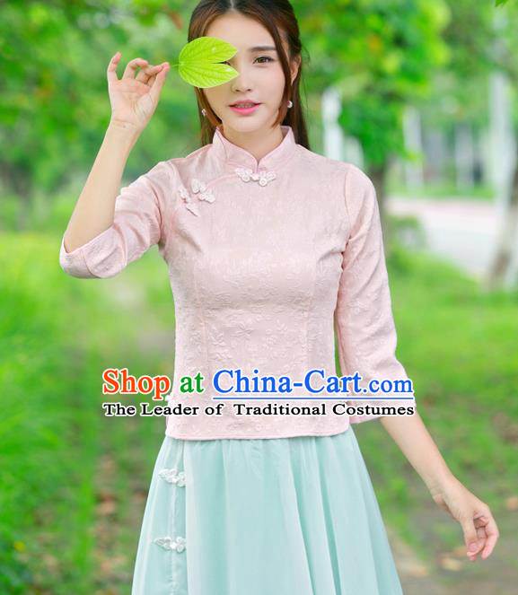 Traditional Ancient Chinese National Costume, Elegant Hanfu Embroidered Pink Shirt, China Tang Suit Mandarin Collar Blouse Cheongsam Qipao Shirts Clothing for Women