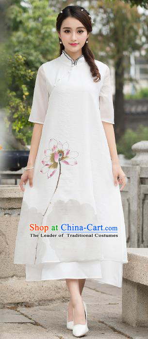 Traditional Ancient Chinese National Costume, Elegant Hanfu Mandarin Qipao Chiffon Hand Painting Lotus Dress, China Tang Suit Cheongsam Upper Outer Garment Elegant Dress Clothing for Women