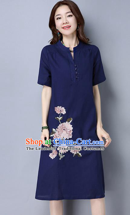 Traditional Ancient Chinese National Costume, Elegant Hanfu Mandarin Collar Qipao Linen Navy Dress, China Tang Suit Cheongsam Upper Outer Garment Elegant Dress Clothing for Women