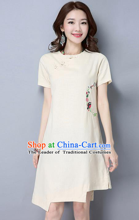 Traditional Chinese National Costume, Elegant Hanfu Round Collar Qipao Embroidered Dress, China Tang Suit Plated Buttons Cheongsam Upper Outer Garment Elegant Dress Clothing for Women