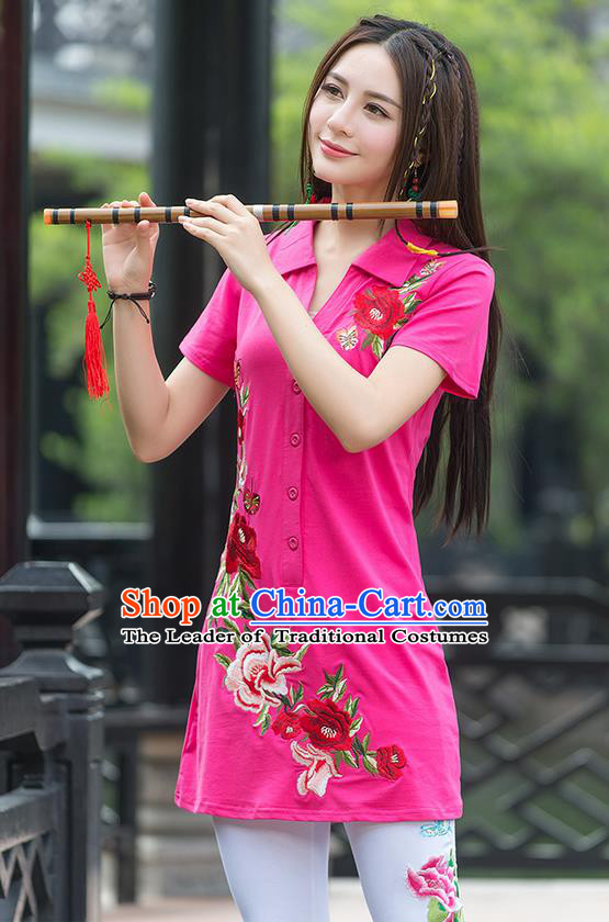 Traditional Ancient Chinese National Costume, Elegant Hanfu Embroidered Peony Flowers Pink Long T-Shirt, China Tang Suit Blouse Cheongsam Qipao Shirts Clothing for Women