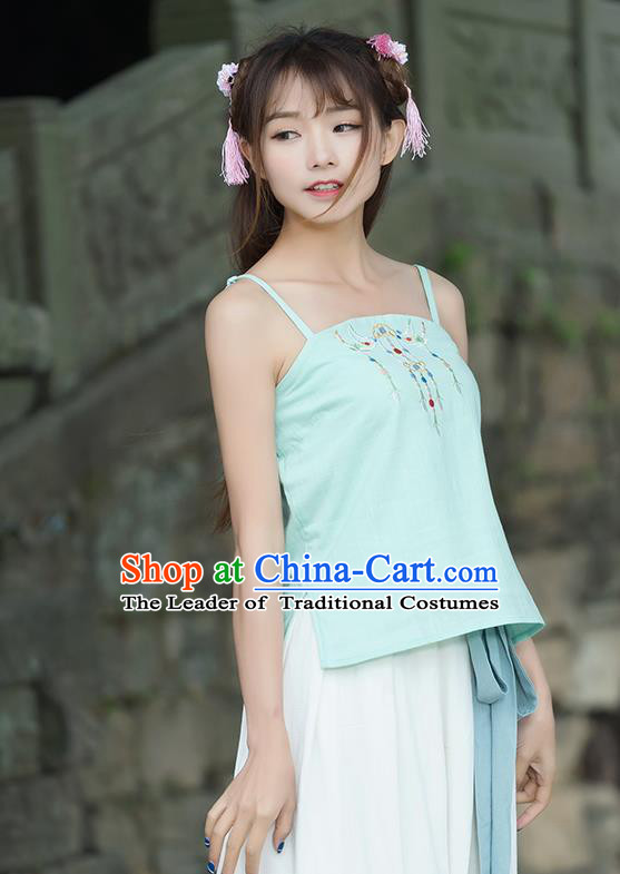 Traditional Ancient Chinese National Costume, Elegant Hanfu Bellyband Shirt, China Tang Suit Embroidery Undergarment Blouse Cheongsam Qipao Light Green Camisole Shirts Clothing for Women