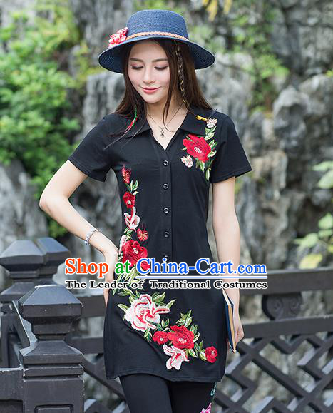 Traditional Ancient Chinese National Costume, Elegant Hanfu Embroidered Peony Flowers Black Long T-Shirt, China Tang Suit Blouse Cheongsam Qipao Shirts Clothing for Women