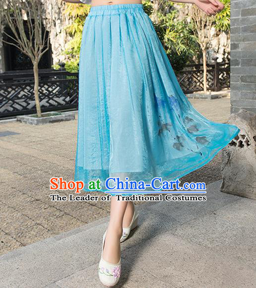 Traditional Ancient Chinese National Pleated Skirt Costume, Elegant Hanfu Ink Printing Chiffon Blue Dress, China Tang Suit Bust Skirt for Women