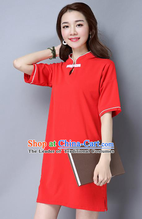 Traditional Ancient Chinese National Costume, Elegant Hanfu Mandarin Collar Qipao Embroidered Red Dress, China Tang Suit Cheongsam Upper Outer Garment Elegant Dress Clothing for Women