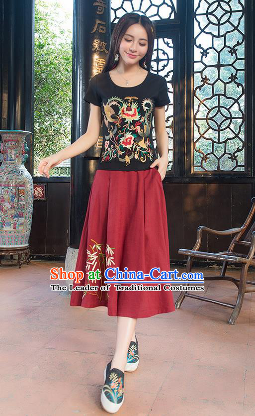 Traditional Chinese National Costume, Elegant Hanfu Embroidery Phoenix Totem Black T-Shirt, China Tang Suit Blouse Cheongsam Upper Outer Garment Qipao Shirts Clothing for Women