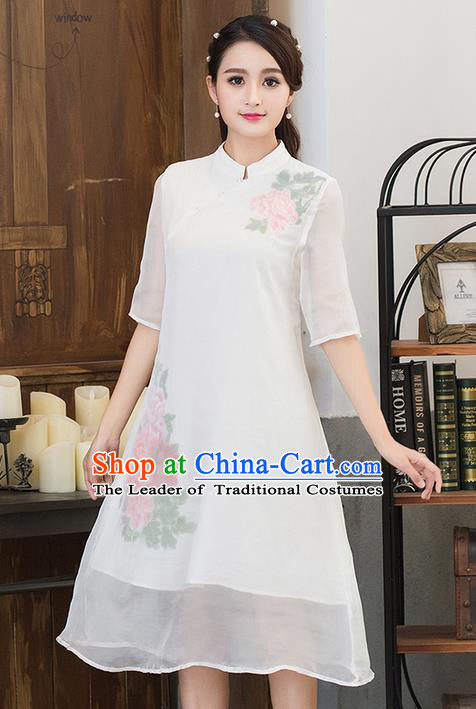 Traditional Ancient Chinese National Costume, Grace Hanfu Mandarin Qipao Embroidered Dress, China Tang Suit Stand Collar Cheongsam Upper Outer Garment Elegant Dress Clothing for Women
