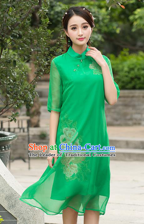 Traditional Ancient Chinese National Costume, Grace Hanfu Mandarin Qipao Embroidered Green Dress, China Tang Suit Stand Collar Cheongsam Upper Outer Garment Elegant Dress Clothing for Women