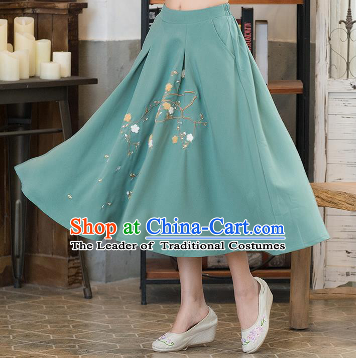 Traditional Ancient Chinese National Pleated Skirt Costume, Elegant Hanfu Embroidered Long Dress, China Tang Suit Green Bust Skirt for Women