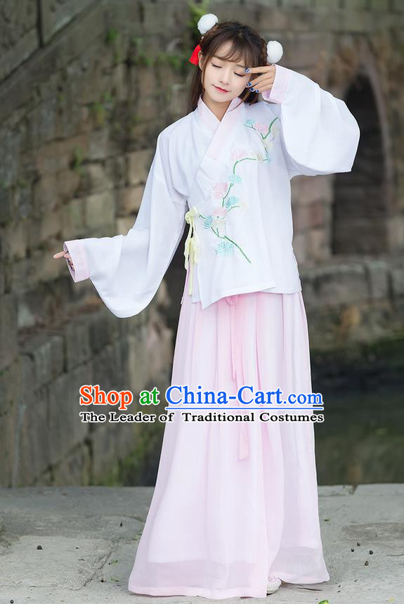 Traditional Chinese Ancient Costume, Elegant Hanfu Clothing Embroidered Wide Sleeve Blouse and Dress, China Ming Dynasty Elegant Pink Blouse and Skirt Complete Set for Women