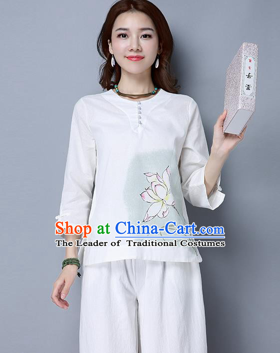 Traditional Chinese National Costume, Elegant Hanfu Painting Lotus T-Shirt, China Tang Suit Blouse Cheongsam Qipao Shirts Clothing for Women