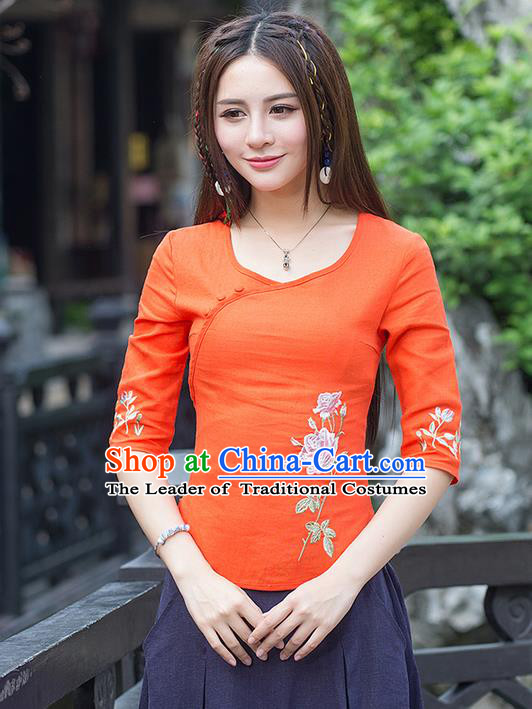 Traditional Ancient Chinese National Costume, Elegant Hanfu Linen Slant Opening Embroidered Orange T-Shirt, China Tang Suit Mandarin Collar Blouse Cheongsam Qipao Shirts Clothing for Women