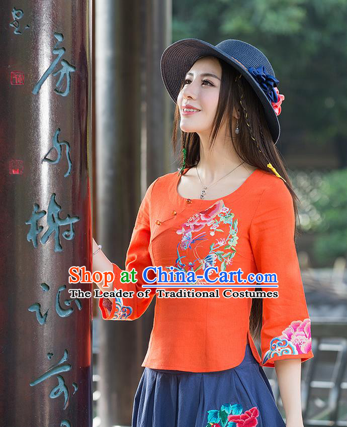 Traditional Ancient Chinese National Costume, Elegant Hanfu Linen Delicacy Embroidered Orange T-Shirt, China Tang Suit Mandarin Collar Blouse Cheongsam Qipao Shirts Clothing for Women