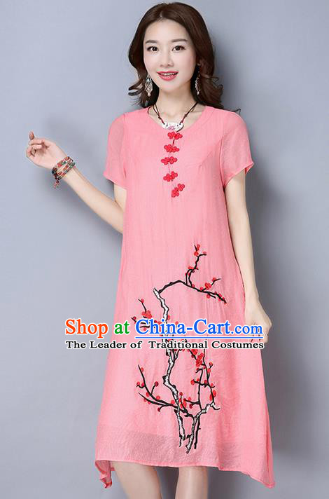 Traditional Ancient Chinese National Costume, Elegant Hanfu Mandarin Qipao Linen Hand Painting Plum Blossom Pink Dress, China Tang Suit Plate Buttons Cheongsam Upper Outer Garment Elegant Dress Clothing for Women