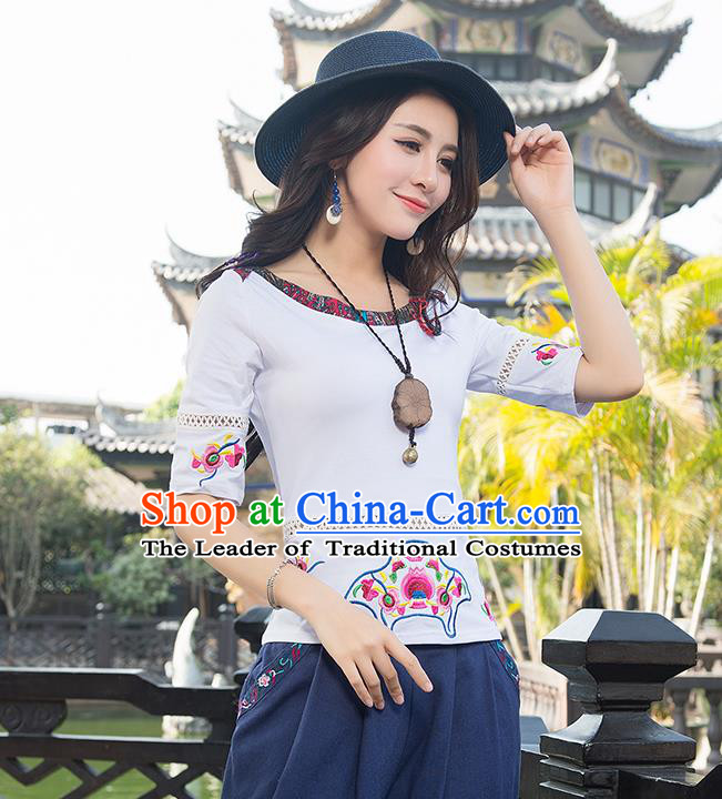 Traditional Chinese National Costume, Elegant Hanfu Embroidery Flowers White T-Shirt, China National Minority Tang Suit Blouse Cheongsam Upper Outer Garment Qipao Shirts Clothing for Women