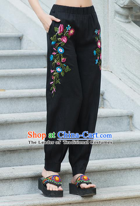 Traditional Chinese National Costume Plus Fours, Elegant Hanfu Embroidered Black Bloomers, China Ethnic Minorities Tang Suit Pantalettes for Women