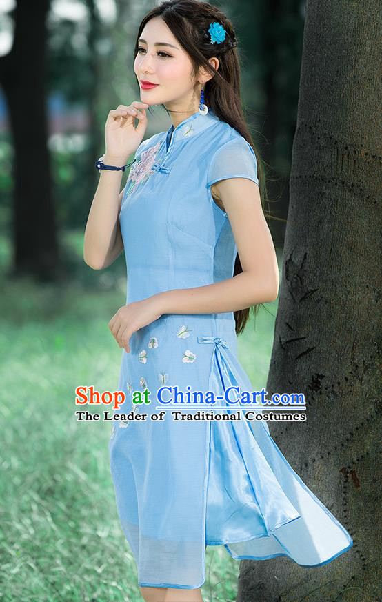 Traditional Ancient Chinese National Costume, Elegant Hanfu Mandarin Qipao Embroidered Blue Stand Collar Dress, China Tang Suit Plated Buttons Cheongsam Upper Outer Garment Elegant Dress Clothing for Women