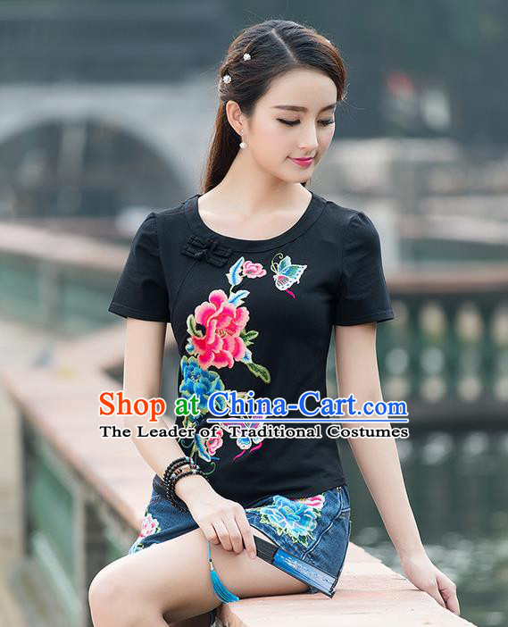 Traditional Chinese National Costume, Elegant Hanfu Embroidery Flowers Round Collar Black T-Shirt, China Tang Suit Plated Buttons Blouse Cheongsam Upper Outer Garment Shirts Clothing for Women